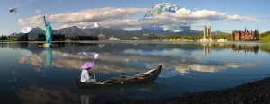 Photomontage (Forggensee Panorama), composite of 16 freely licensed photos.